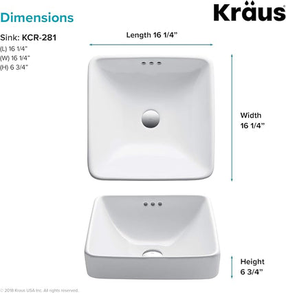KRAUS Elavo Square Semi-Recessed Vessel White Porcelain Ceramic Bathroom Sink with Overflow, 16 1/2 inch KCR-281