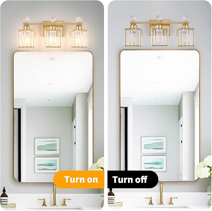 Lxybcce Bathroom Vanity Light Fixture 3-Light - Vanity Lights for Bathroom with Crystal Shade Gold Metal, Easy Install No Drilling Needed, Shadow-Free Illumination for Modern Bathroom Mirror Decor