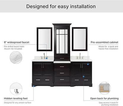 ARIEL Stafford 84-inch Bathroom Vanity with Sink,Solid Wood, 1.5-inch Pure White Quartz Countertop, Double Rectangular Porcelain Sink, 5 Soft Closing Doors, 6 Dovetail Drawers, Espresso