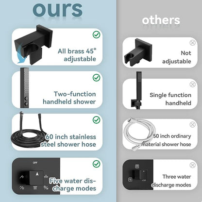 Shower Faucet Sets Rainfall Shower System, 12'' and 6'' Wall Mount Dual Shower Head, 2-in-1 Handheld Spray Gun, 5 Function Diverter with Pressure Balancing Valve Shower Set Matte Black
