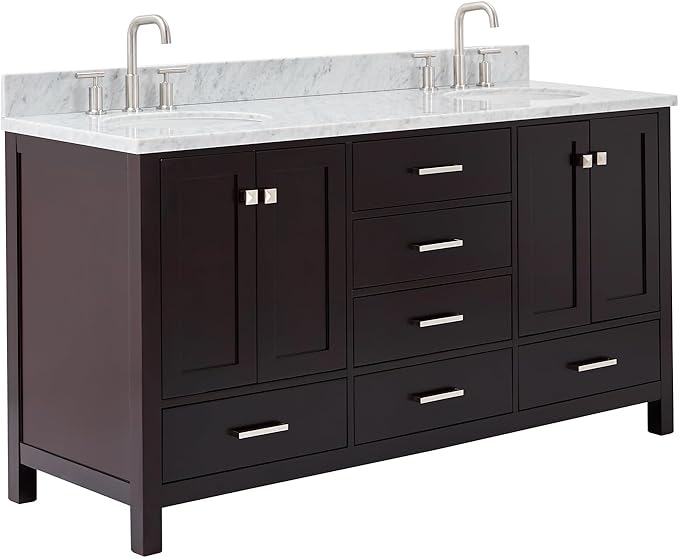 ARIEL Cambridge 66-inch Bathroom Vanity with Sink,Solid Wood, 0.75-inch Italian Carrara Marble Countertop, Double Oval Porcelain Sink, 4 Soft Closing Doors, 6 Dovetail Drawers, Espresso