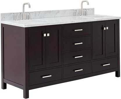 ARIEL Cambridge 66-inch Bathroom Vanity with Sink,Solid Wood, 0.75-inch Italian Carrara Marble Countertop, Double Oval Porcelain Sink, 4 Soft Closing Doors, 6 Dovetail Drawers, Espresso