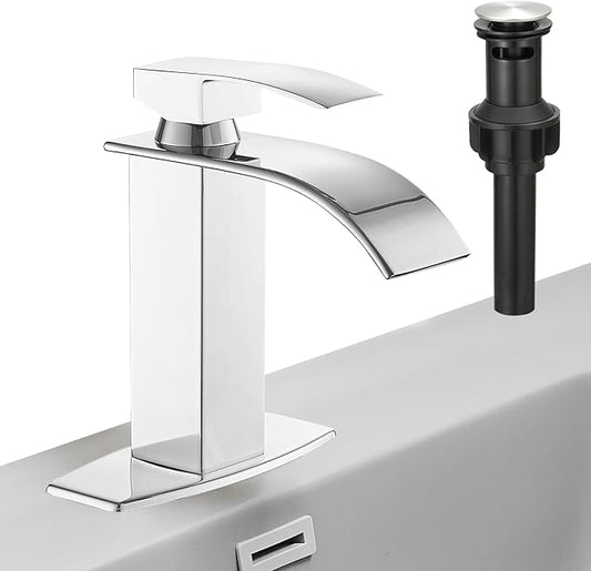 Hoimpro Chrome Waterfall Bathroom Faucet with cUPC Supply Lines, Single Handle Bathroom Sink Faucet with Pop-up Drain, Rv Vanity Vessel Faucet with Deck Plate, Chrome, 1 or 3 Hole