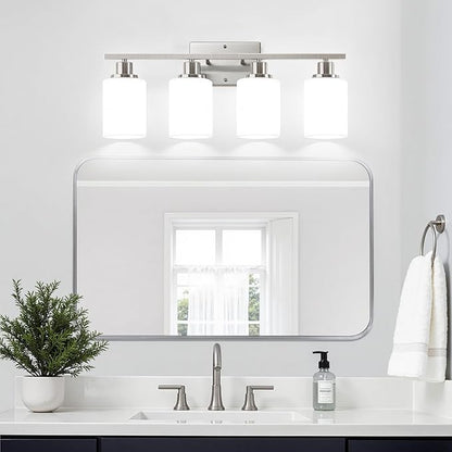 4-Light Bathroom Light Fixtures, Brushed Nickel Vanity Lights with Milk Glass Shades, Modern Bathroom Wall Lamp for Mirror Living Room Bedroom Porch