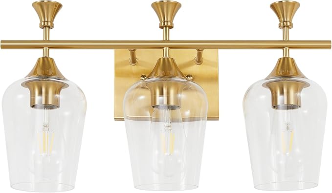 Bathroom Light Fixtures (3-Light, 19 Inch), Brushed Gold Vanity Lights for Bathroom with Clear Wine Glass Glass Shade, Modern Vanity Wall Lights for Mirror Bedroom Living Room Kitchen Hallway Porch
