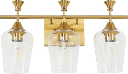 Bathroom Light Fixtures (3-Light, 19 Inch), Brushed Gold Vanity Lights for Bathroom with Clear Wine Glass Glass Shade, Modern Vanity Wall Lights for Mirror Bedroom Living Room Kitchen Hallway Porch