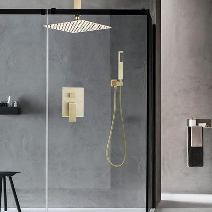 12 Inch Ceiling Mount ‎Brushed Gold Shower System Bathroom Luxury Rain Mixer Shower Combo Set Ceiling Rainfall Shower Head System (Contain Shower Faucet Rough-in Valve Body and Trim Kit)