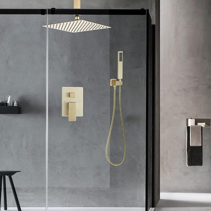 10 Inch Ceiling Mounted Shower System Rain Mixer Shower Combo Set Rainfall Shower Head System ‎Brushed Gold Shower Faucet Rough-in Valve Body and Trim Kit Included