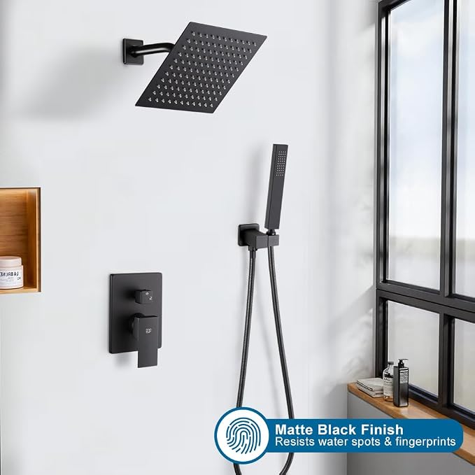 Black Shower System Bathroom Rainfall Shower Faucet Set Complete Wall Mounted 8 Inch Shower Head and Handle Set with Rough-in Valve Body and Trim Kit
