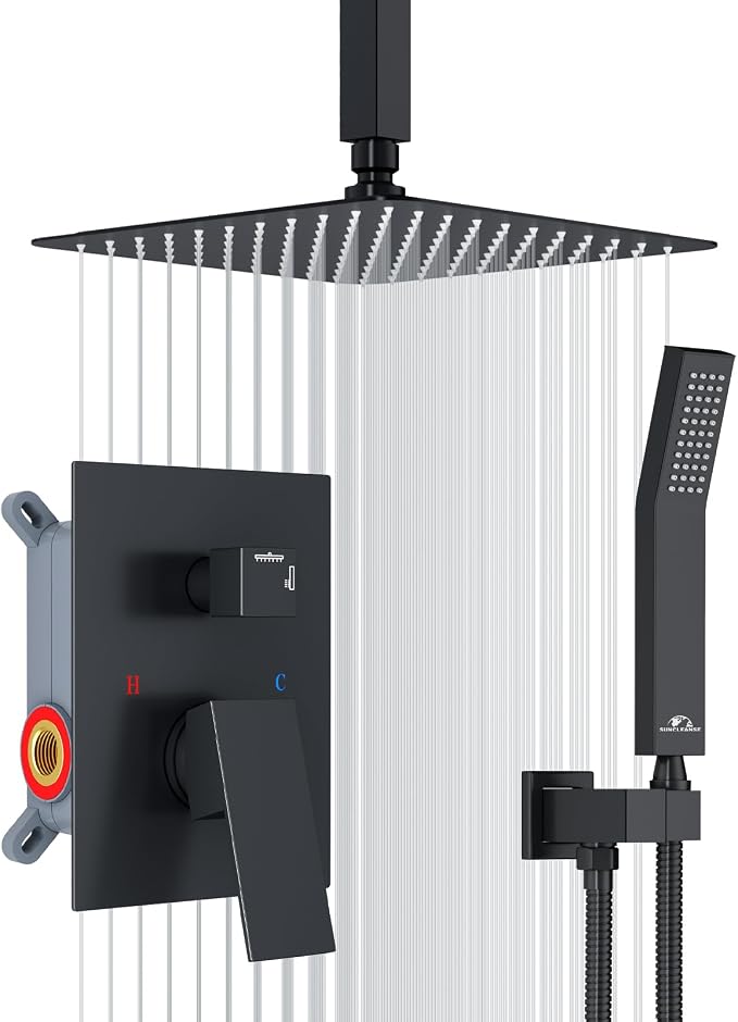 SunCleanse Rainfall Shower Faucet Set with High Pressure in Matte Black | Ceiling mounted shower combo set featuring a 10" rainfall shower head, handheld spray, and rough-in shower valve.