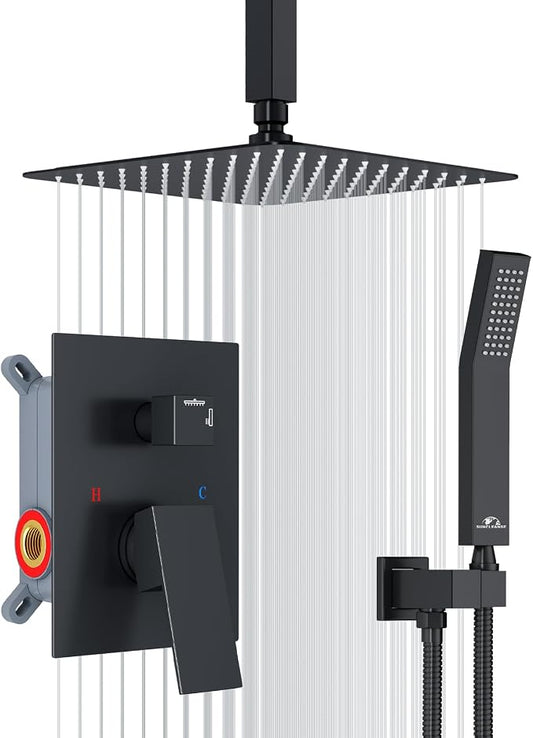SunCleanse Rainfall Shower Faucet Set with High Pressure in Matte Black | Ceiling mounted shower combo set featuring a 10" rainfall shower head, handheld spray, and rough-in shower valve.