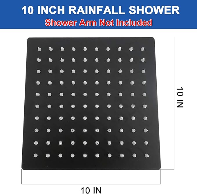 NearMoon Rain Shower Head, High Flow Stainless Steel Square Rainfall Shower, High Pressure Design, Awesome Shower Experience Even At Low Water Flow (10 Inch, Matte Black)