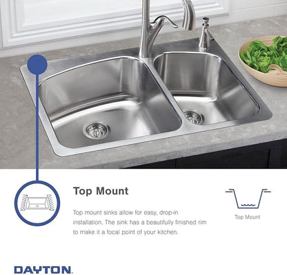 Dayton Stainless Steel 33" x 21-1/4" x 6-9/16", 1-Hole Equal Double Bowl Drop-in Sink