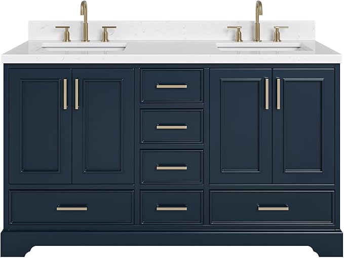 ARIEL Stafford 60-inch Bathroom Vanity with Sink,Solid Wood, 1.5-inch Carrara White Quartz Countertop, Double Rectangular Porcelain Sink, 4 Soft Closing Doors, 6 Dovetail Drawers, Midnight Blue