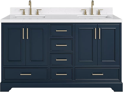 ARIEL Stafford 60-inch Bathroom Vanity with Sink,Solid Wood, 1.5-inch Carrara White Quartz Countertop, Double Rectangular Porcelain Sink, 4 Soft Closing Doors, 6 Dovetail Drawers, Midnight Blue