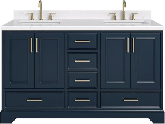 ARIEL Stafford 60-inch Bathroom Vanity with Sink,Solid Wood, 1.5-inch Carrara White Quartz Countertop, Double Rectangular Porcelain Sink, 4 Soft Closing Doors, 6 Dovetail Drawers, Midnight Blue