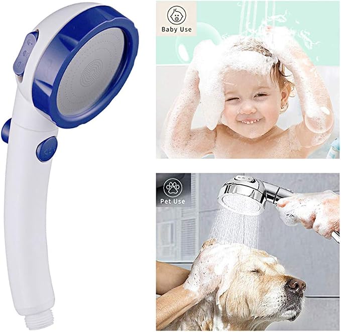 RV & Camper High Pressure Handheld Shower Head with Pause Button | 3 Spray Modes with ON/OFF Switch, Detachable Dog Shower Attachment, Pet Shower Wand with Bracket & Hose, White & Blue
