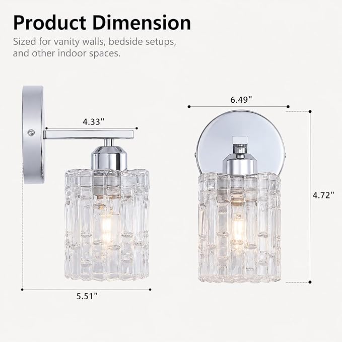 2-Pack Chrome Crystal Bathroom Vanity Lights, 1-Light Wall Mount Fixture for Over Mirror, Modern Wall Light for Bathroom, Bedroom, Hallway