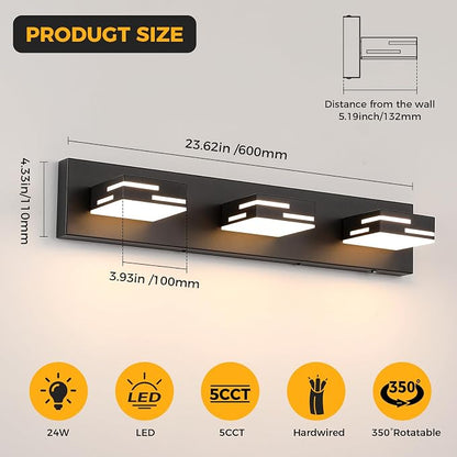3-Light 5CCT Modern Bathroom Vanity Light Fixtures, 24-Inch 350° Rotatable LED Vanity Lights Over Mirror, Dimmable Matte Black Wall Sconce with Frosted Acrylic Shade