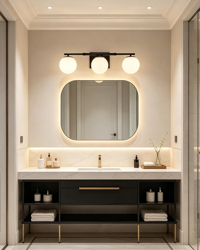 Bathroom Vanity Light Brushed Black 3T Wall Sconce for Mirror | Modern fixture Globe Glass Shade brightness, elivers even brightness. Sturdy metal resists rust. Dresser Bathroom over Mirror