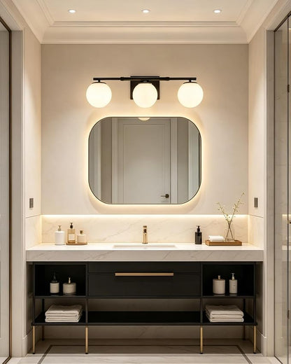 Bathroom Vanity Light Brushed Black 3T Wall Sconce for Mirror | Modern fixture Globe Glass Shade brightness, elivers even brightness. Sturdy metal resists rust. Dresser Bathroom over Mirror