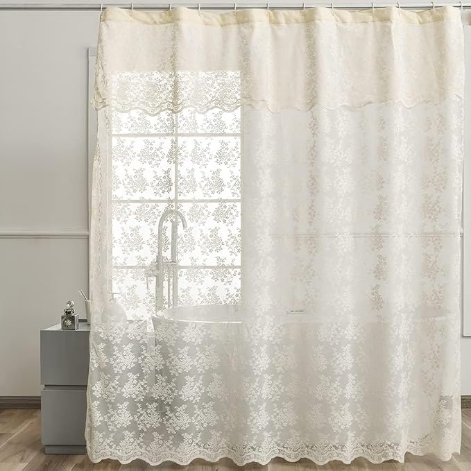 Ivory Extra Wide Shower Curtain 102x84, French Lace with Attached Valance | Scalloped, Floral Design, Machine Washable, Ideal for Clawfoot Tubs, Curved Rods and Spacious Vintage Bathrooms