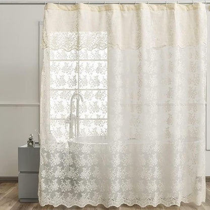 Ivory Extra Wide Shower Curtain 102x84, French Lace with Attached Valance | Scalloped, Floral Design, Machine Washable, Ideal for Clawfoot Tubs, Curved Rods and Spacious Vintage Bathrooms