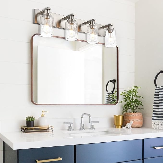Modern Glass Bathroom Wall Light Fixtures in Brushed Nickel, Vanity Wall Mount Lighting with Seeded Glass Lampshades