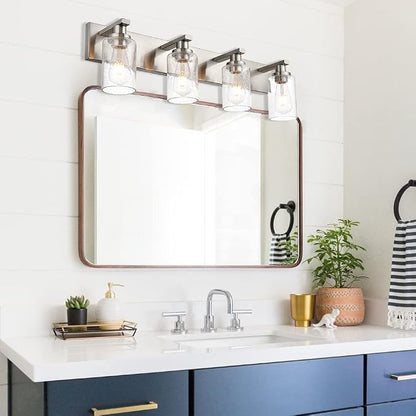 Modern Glass Bathroom Wall Light Fixtures in Brushed Nickel, Vanity Wall Mount Lighting with Seeded Glass Lampshades
