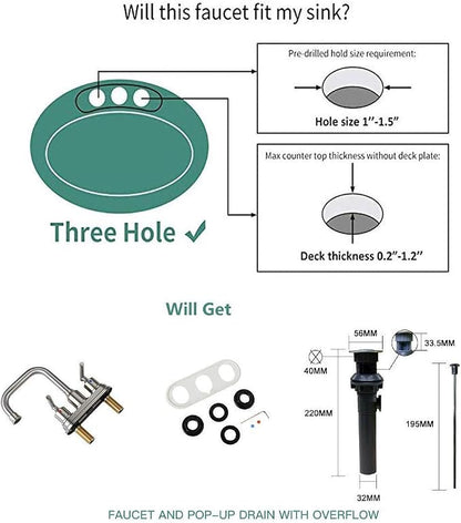 WOWOW Chrome 4 Inch Bathroom Sink Faucet Centerset Lift Rod Drain Stopper 2 Handle Lavatory Commercial Contemporary Faucet High Arc Brass Faucets for Bathroom
