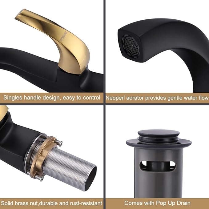 WOWOW Single Handle Bathroom Faucet 1 Hole High Arc Bathroom Basin Faucet Black and Gold with Pop-up Drain, Solid Brass Commercial Bathroom Sink Basin Vanity Bar Faucet (Patented Product)