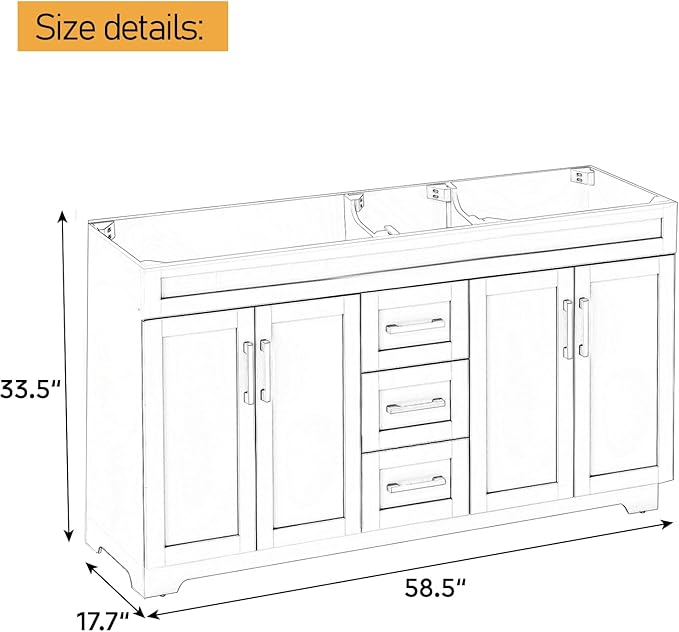 60 Inch Bathroom Vanity Without Sink, Modern Solid Wood Bathroom Storage Vanity with 4 Soft Closing Doors & 3 Full Extension Drawers,Quick Assemble Cabinet in White