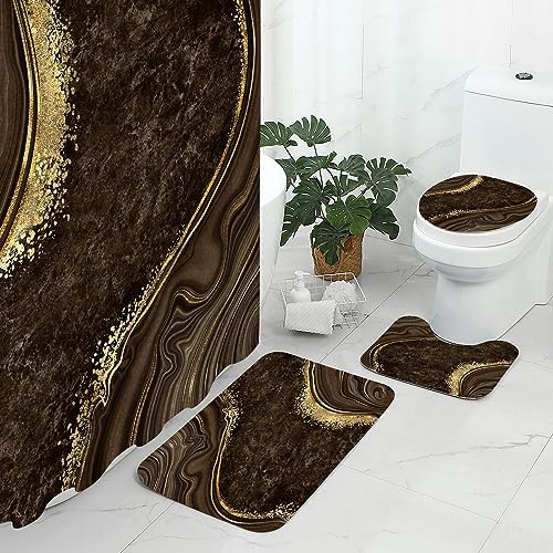 Gibelle 4 Pcs Luxury Marble Shower Curtain Set with Non-Slip Rugs, Toilet Lid Cover and Bath Mat, Gold Foil Brown Bathroom Decor Set with Shower Curtain and Rugs and Accessories