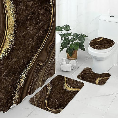 Gibelle 4 Pcs Luxury Marble Shower Curtain Set with Non-Slip Rugs, Toilet Lid Cover and Bath Mat, Gold Foil Brown Bathroom Decor Set with Shower Curtain and Rugs and Accessories