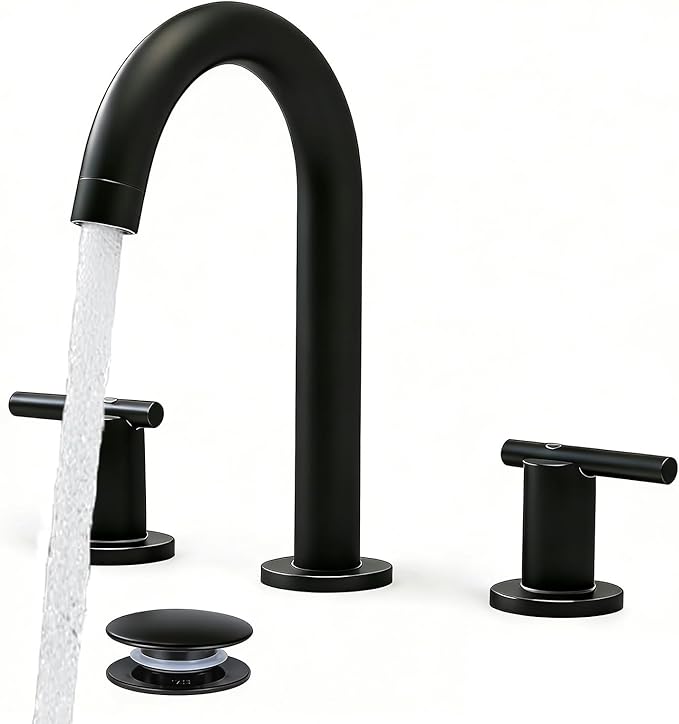 Matte Black Bathroom Faucet 3 Hole, VAPSINT 8 Inch Widespread Black Bathroom Sink Faucet, 2 Handle Modern Bathroom Faucets for Vanity Lavatory RV Restroom with Pop Up Drain & Supply Hoses