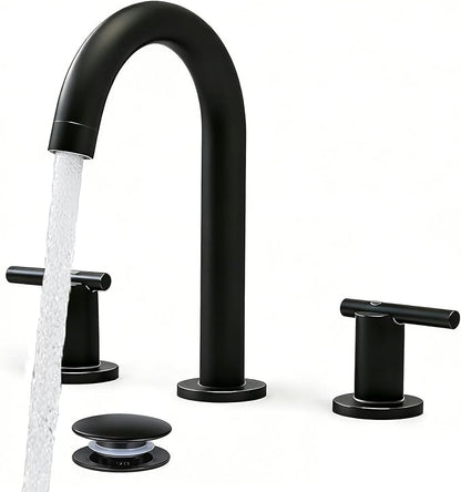 Matte Black Bathroom Faucet 3 Hole, VAPSINT 8 Inch Widespread Black Bathroom Sink Faucet, 2 Handle Modern Bathroom Faucets for Vanity Lavatory RV Restroom with Pop Up Drain & Supply Hoses