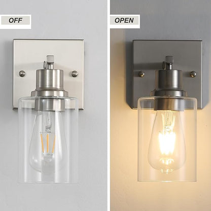 Modern Wall sconces Set of 2，Bathroom Vanity Light fixtures, Brushed Nickel Wall Light with Glass Shade, Farmhouse Wall sconces for Mirror,Bedroom,Living Room，1-Lights