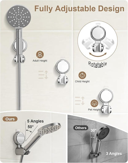 JOTPE Suction Cup Shower Head Holder, Adjustable No Drill Wall Mount Silver | 5-Angle Adjustable Shower Head Holder Fits Most Handheld Shower Heads, Reusable Suction Cup Mounts Without Drilling