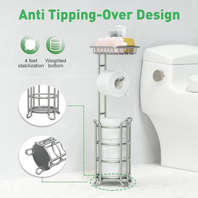 Toilet Paper Holder Stand Bathroom Tissue Dispenser Holders Rack Free Standing with Extra Shelf Storage Mega Rolls/Phone/Wipe - Silver