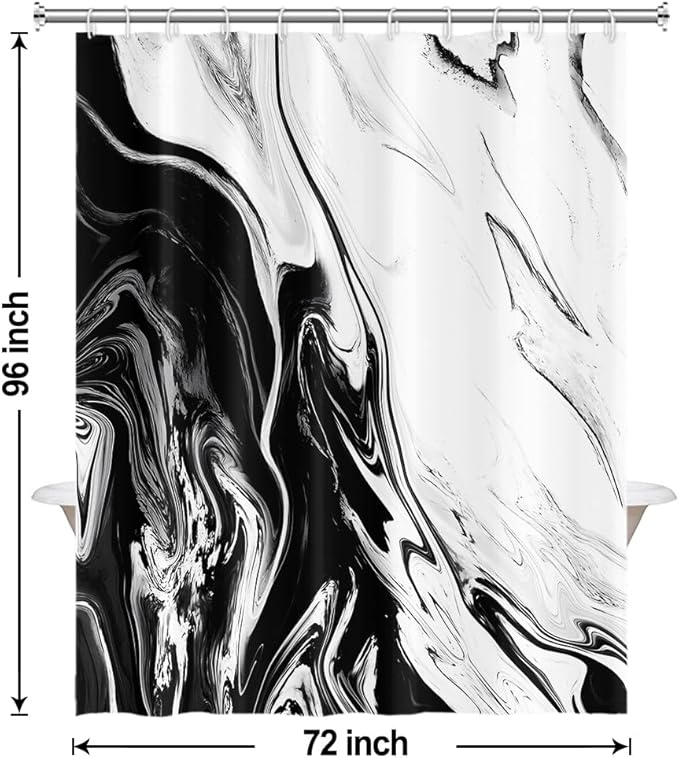Black and White Shower Curtain, Modern Abstract Black Marble Shower Curtain for Bathroom Aesthetic Ink Texture Waterproof Shower Curtain Set with Hooks, 72x96 Inch