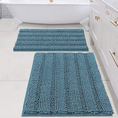 H.VERSAILTEX 2 Piece Bathroom Set - Super Absorbent Chenille Striped Bath Mats - Non Skid, Machine Washable - Turquoise Blue, 24 x 36 Plus 20 x 32 Inches