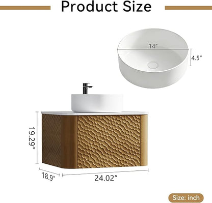 24 Inch Modern Bathroom Vanity with Ceramic Sink, Floating Bathroom Vanity Cabinet with Sintered Stone Top&Solid Wood Hammered Frame, Single Sink Bathroom Vanities w/Soft-Close Drawers,Natural