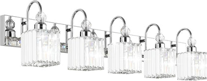 Ralbay Chrome Crystal Vanity Lights 5-Lights 40'' Modern Crystal Bathroom Light Fixtures Modern Crystal Vanity Lighting Over Long Mirror Bathroom Wall Lighting Fixtures