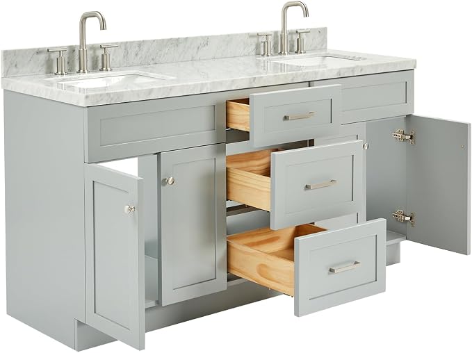 Bradford 66" Grey Double Bathroom Vanity with Sink, 1.5" Edge Italian Carrara Marble Countertop, Rectangular Undermount Sinks, 2 Soft Closing Doors, 3 Dovetail Drawers, Brushed Nickel
