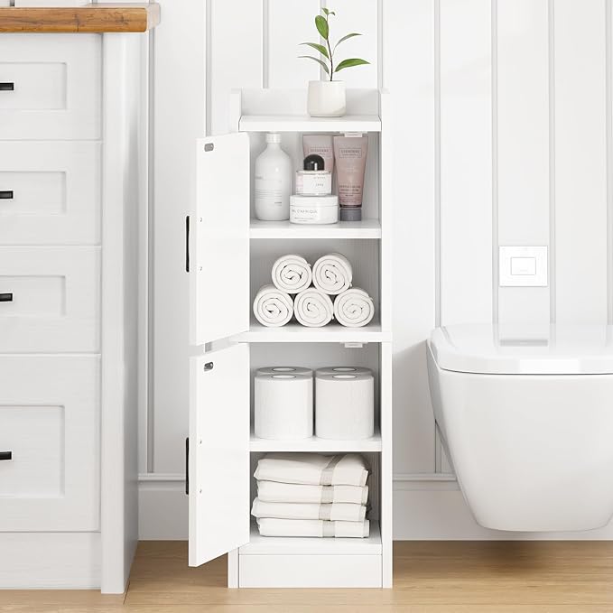 Narrow Bathroom Storage Cabinet with 2 Doors and Shelves, 9.8" W Small Storage Cabinet for Toilet Paper Storage, Slim Cabinet for Small Spaces, Bathroom, Kitchen, 9.8" W × 7.9" D × 29.5" H, White