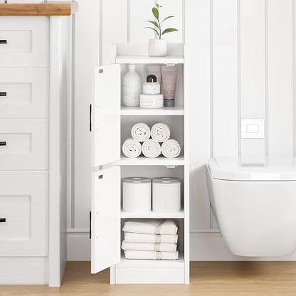 Narrow Bathroom Storage Cabinet with 2 Doors and Shelves, 9.8" W Small Storage Cabinet for Toilet Paper Storage, Slim Cabinet for Small Spaces, Bathroom, Kitchen, 9.8" W × 7.9" D × 29.5" H, White