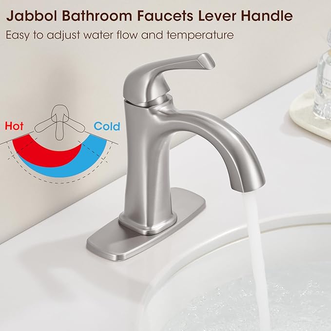 Brushed Nickel Single Hole Bathroom Faucet, Single Handle Brass Bathroom Sink Faucet, Lavatory Vanity Faucet for 1 or 3 Holes, Bathroom Faucets with Pop Up Drain and Supply Lines, Deck Plate