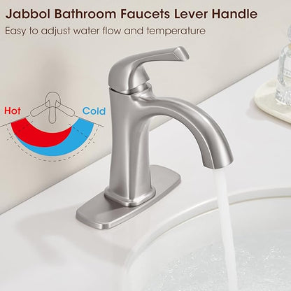 Brushed Nickel Single Hole Bathroom Faucet, Single Handle Brass Bathroom Sink Faucet, Lavatory Vanity Faucet for 1 or 3 Holes, Bathroom Faucets with Pop Up Drain and Supply Lines, Deck Plate