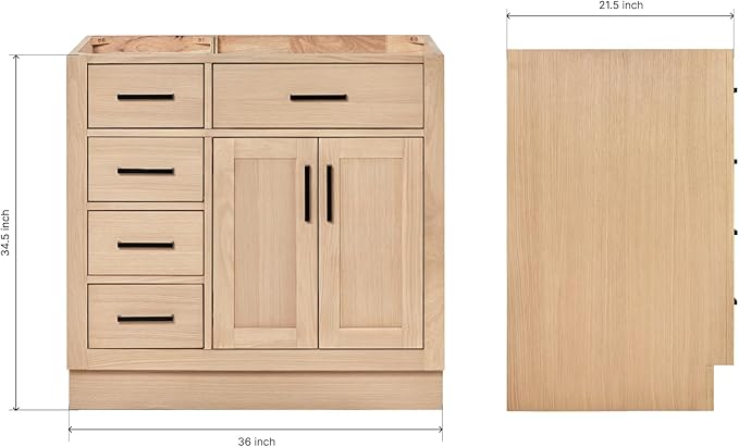 ARIEL Hepburn 36-inch Bathroom Vanity Base Cabinet,Solid Wood, 2 Soft Closing Doors, 5 Dovetail Drawers, White Oak