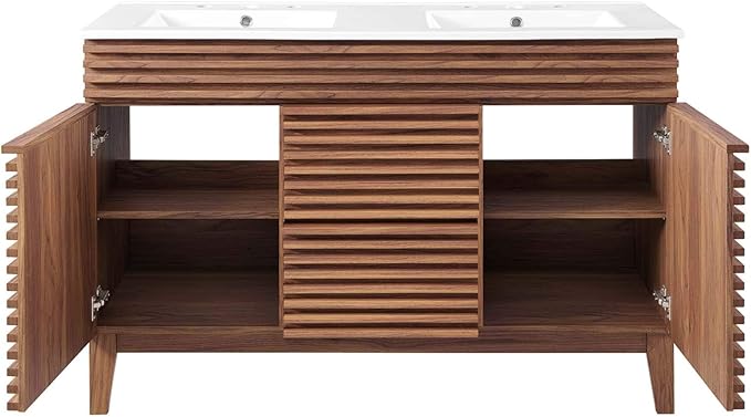 Pemberly Row 48" Modern Wood Double Sink Bathroom Vanity, Walnut/White Finish, MDF and Particleboard Construction, Ceramic Sink Basin, Mid-Century Style, Tapered Legs, Ample Storage for Bathroom Use